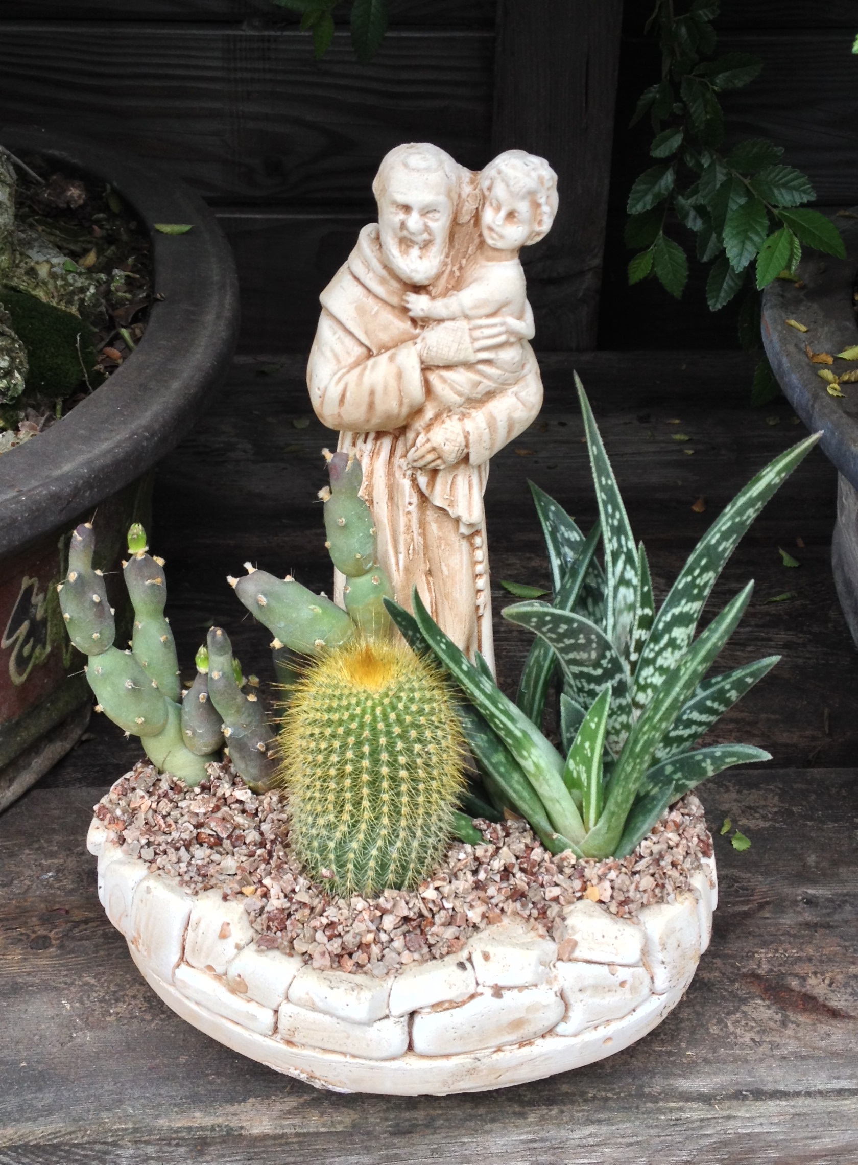Statuetta Padre Pio con bambino e piante grasse
